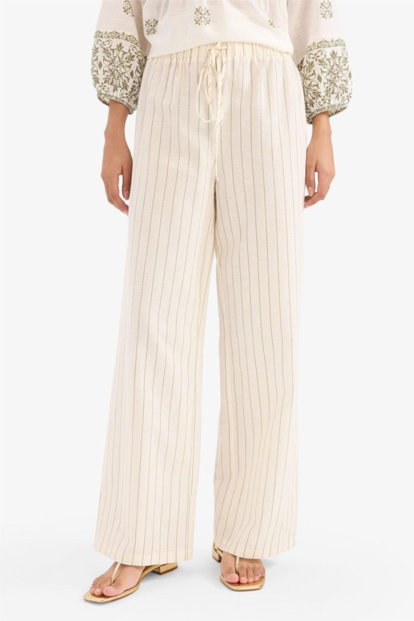 Kadın Ekru Regular Fit Çizgili Esnek Yüksek Belli Keten Karışımlı Palazzo Pantolon