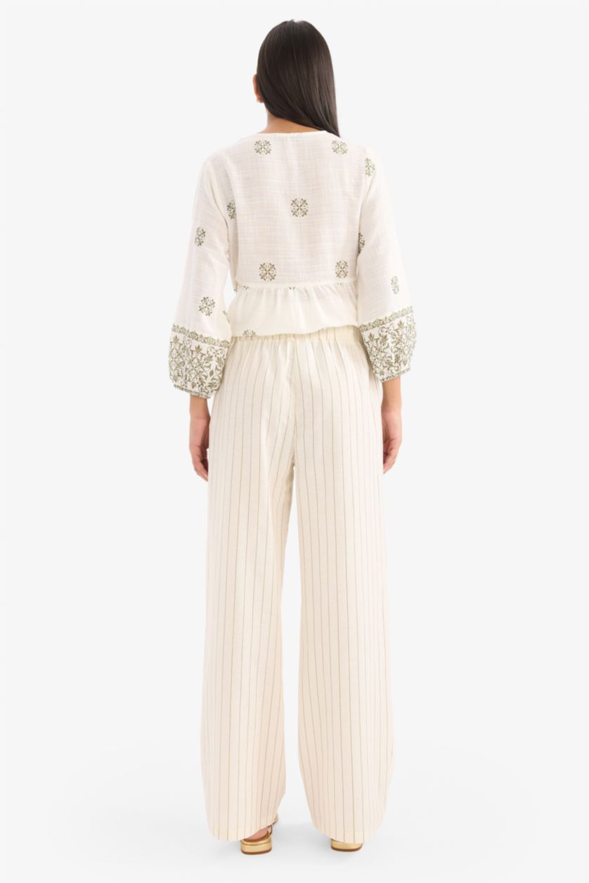 Kadın Ekru Regular Fit Çizgili Esnek Yüksek Belli Keten Karışımlı Palazzo Pantolon
