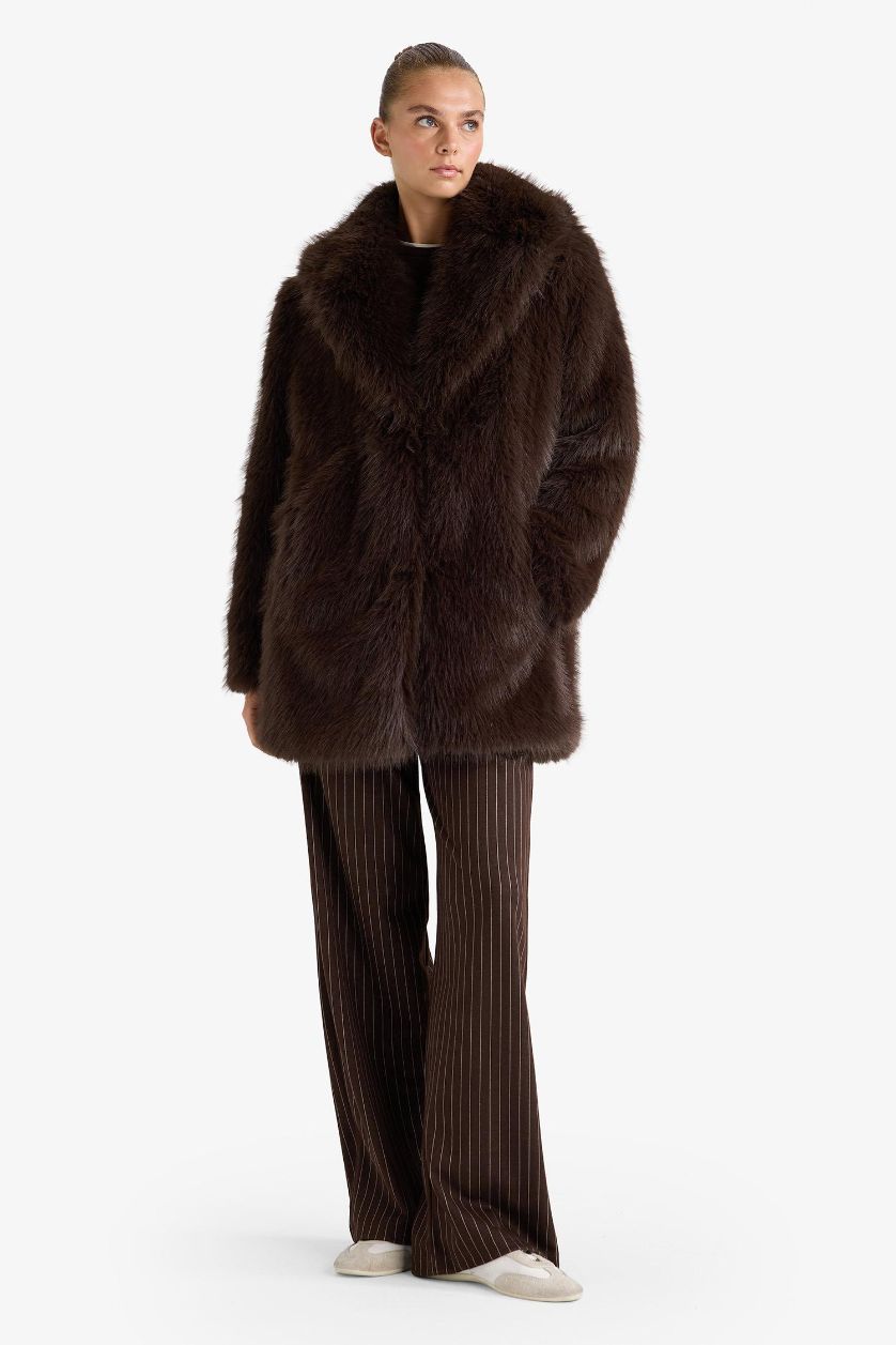 Woman Brown Regular Fit Zippered Faux Fur Jacket