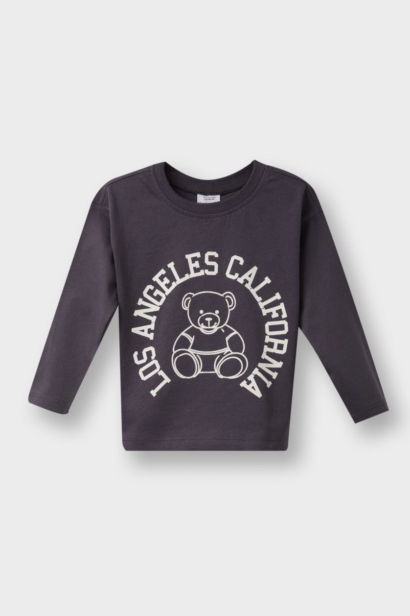 Erkek Bebek Antrasit Bisiklet Yaka Baskılı 2'li Uzun Kollu Tişört Erkek Bebek