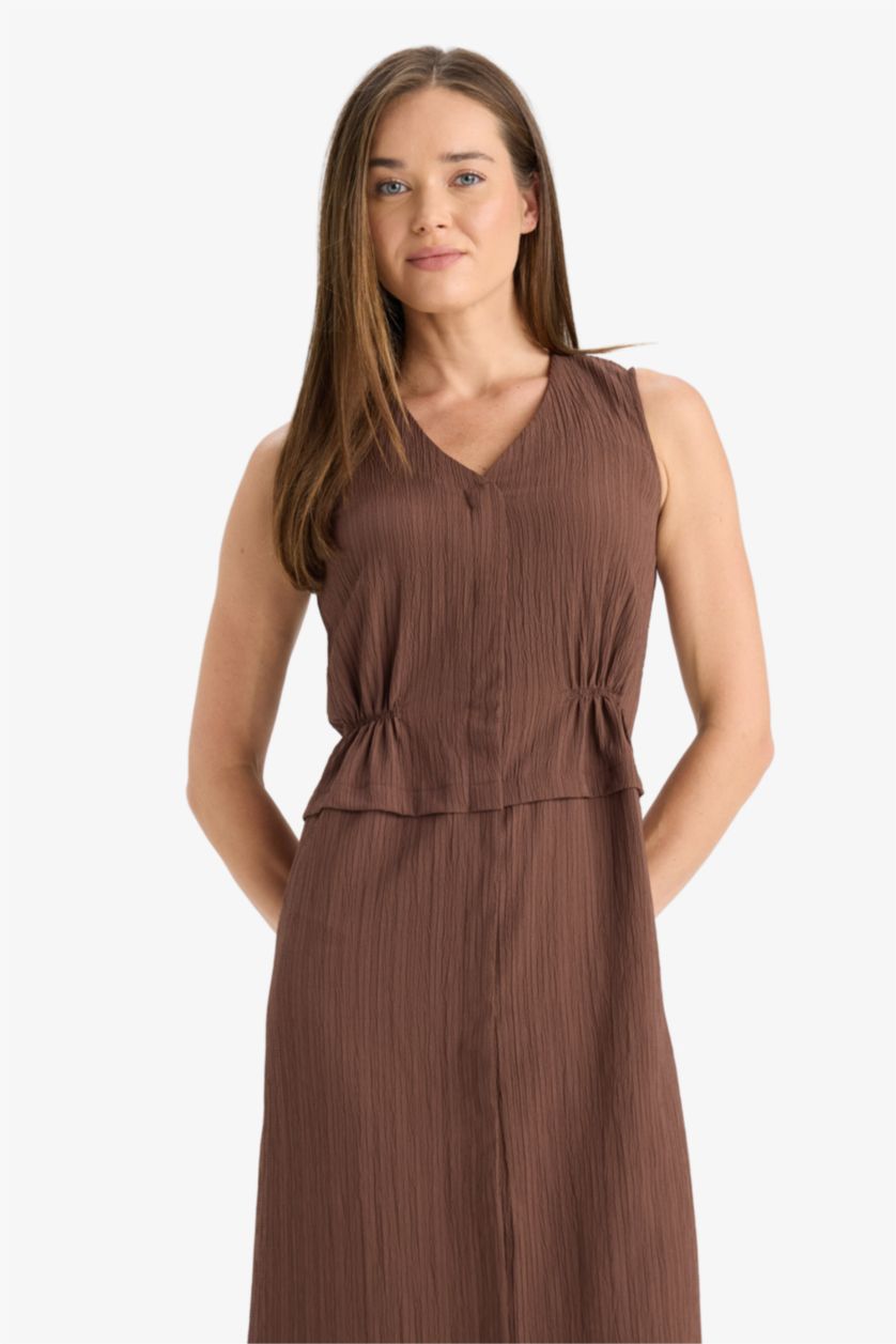 WOMAN Camel V Neck Seersucker Textured Sleeveless Midi Dress