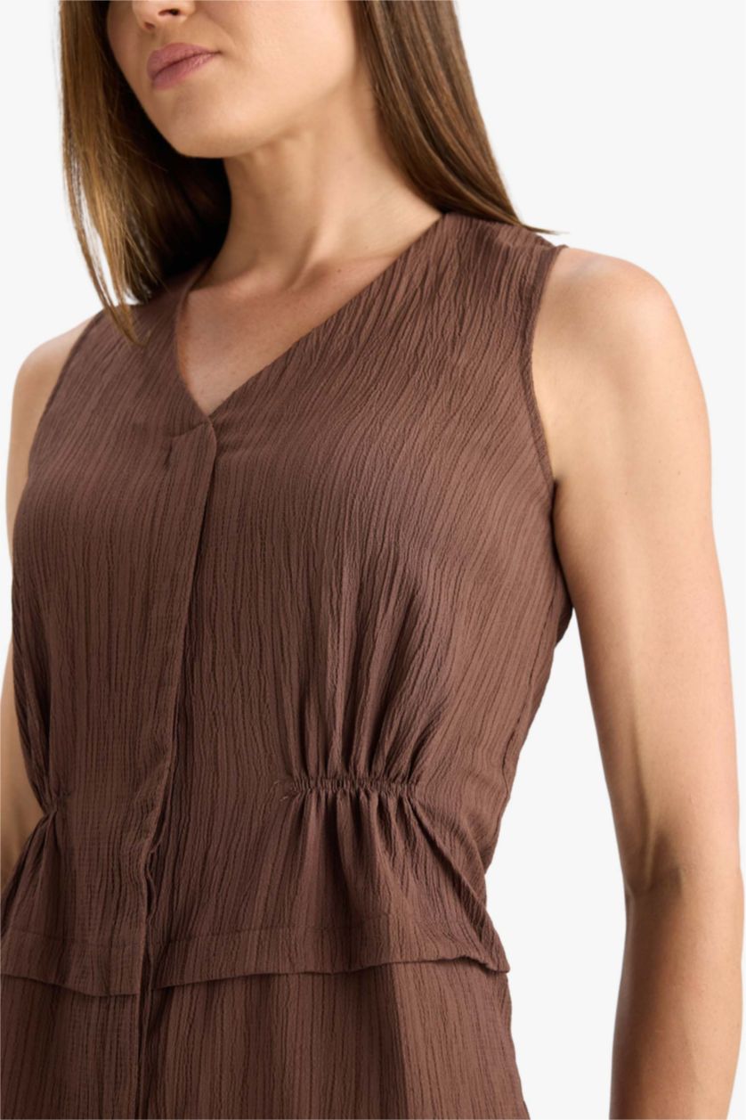 WOMAN Camel V Neck Seersucker Textured Sleeveless Midi Dress