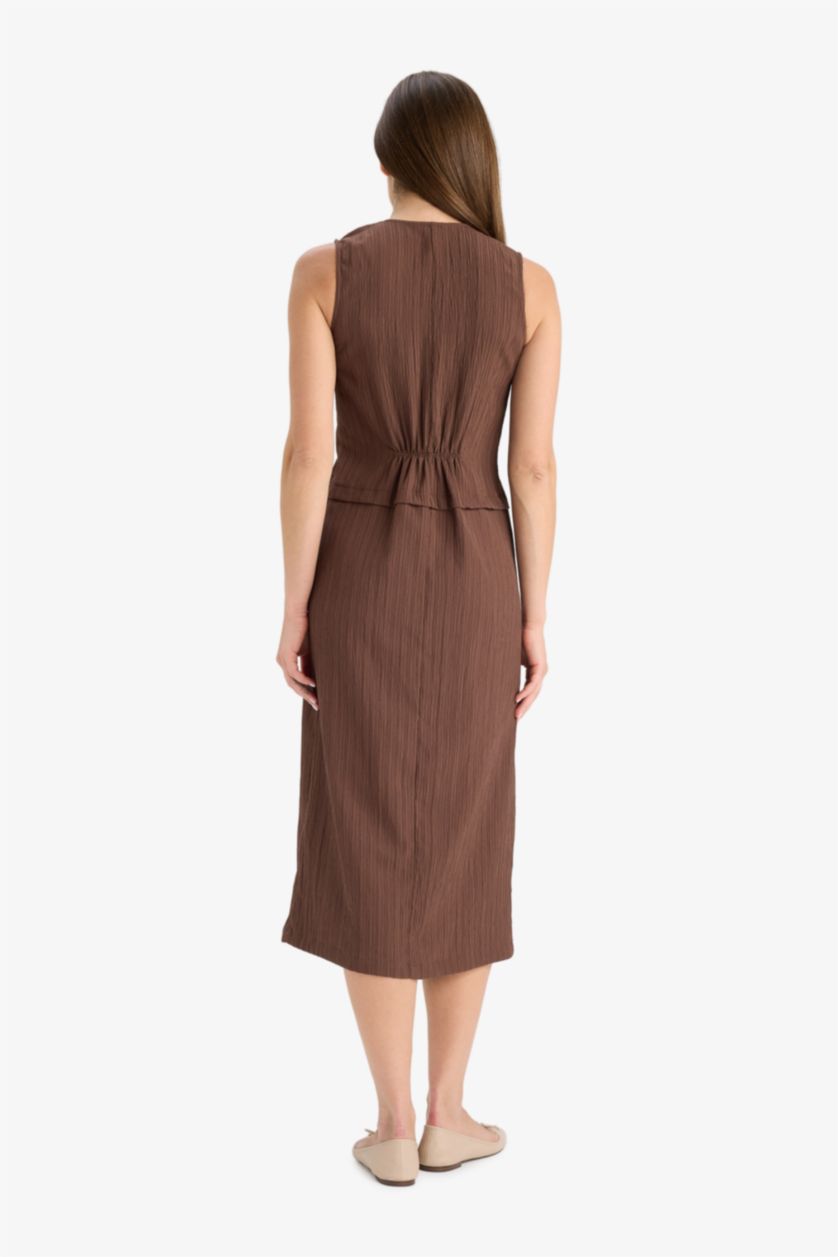 WOMAN Camel V Neck Seersucker Textured Sleeveless Midi Dress