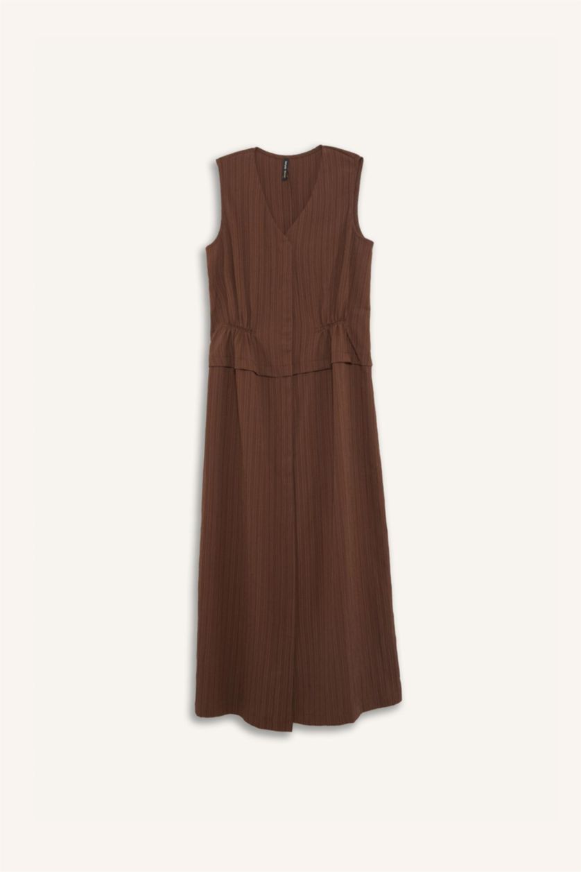 WOMAN Camel V Neck Seersucker Textured Sleeveless Midi Dress