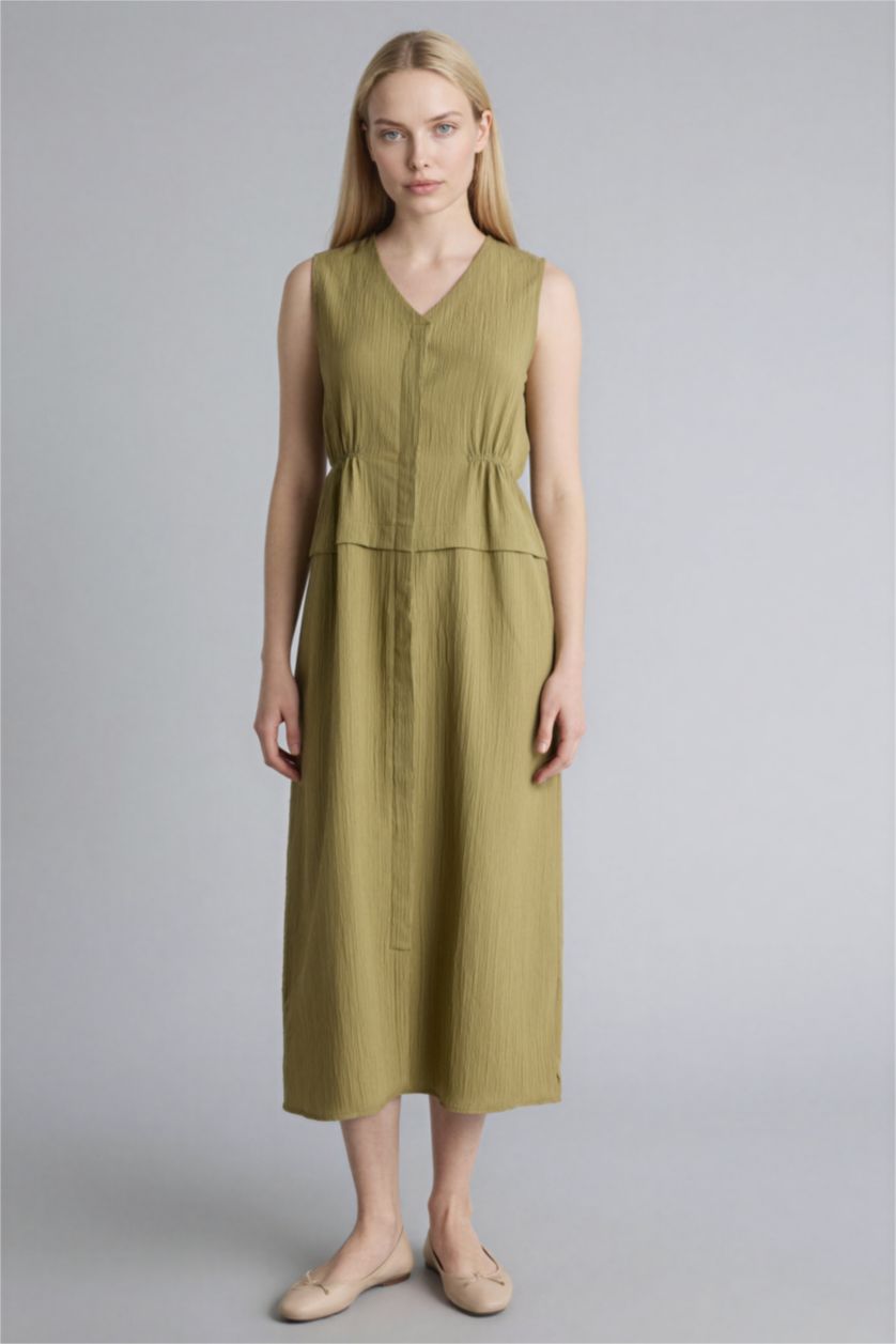 Kadın Haki V Yaka Gofre Dokulu Kolsuz Elbise