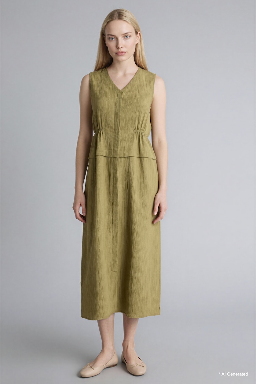 Women Khaki V-Neck Waffle Textured Sleeveless Dress