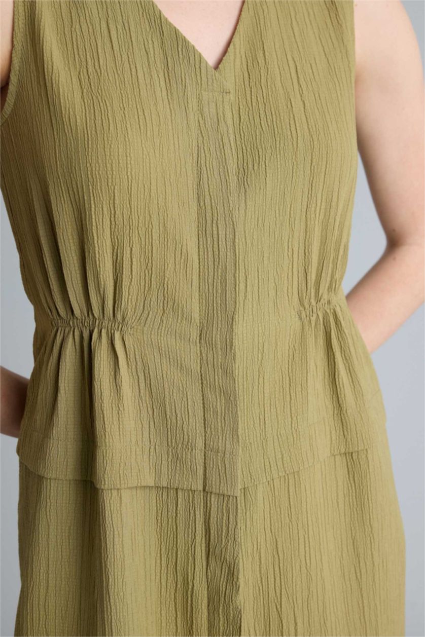 Kadın Haki V Yaka Gofre Dokulu Kolsuz Elbise