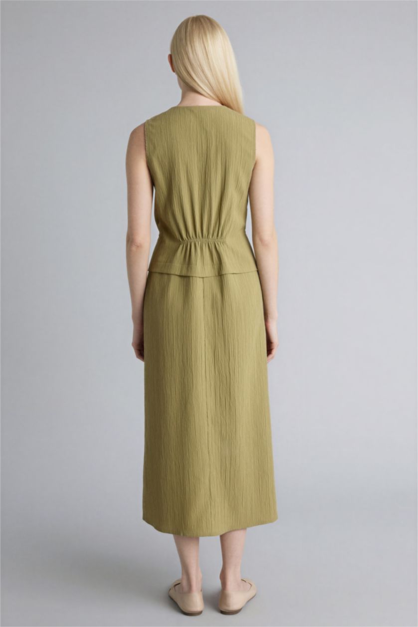 Kadın Haki V Yaka Gofre Dokulu Kolsuz Elbise