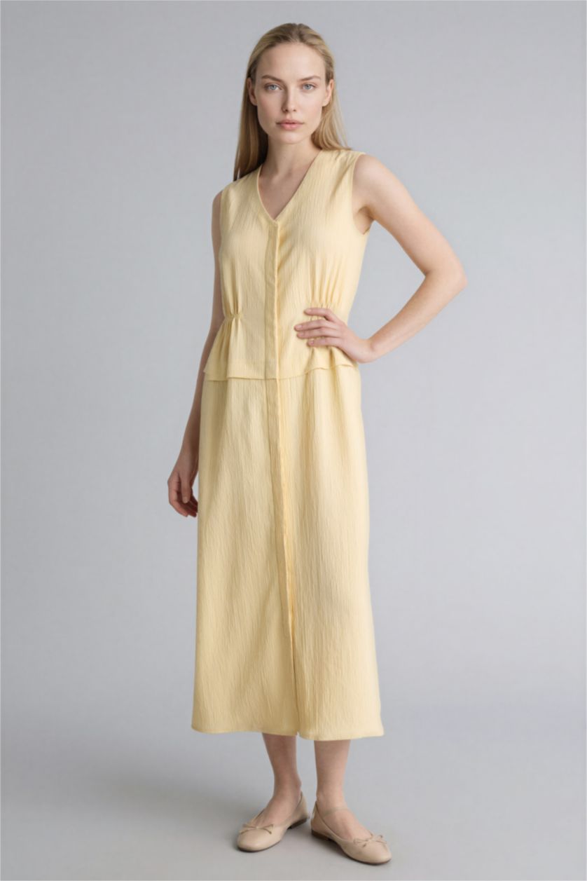 Kadın Sarı V Yaka Gofre Dokulu Kolsuz Elbise