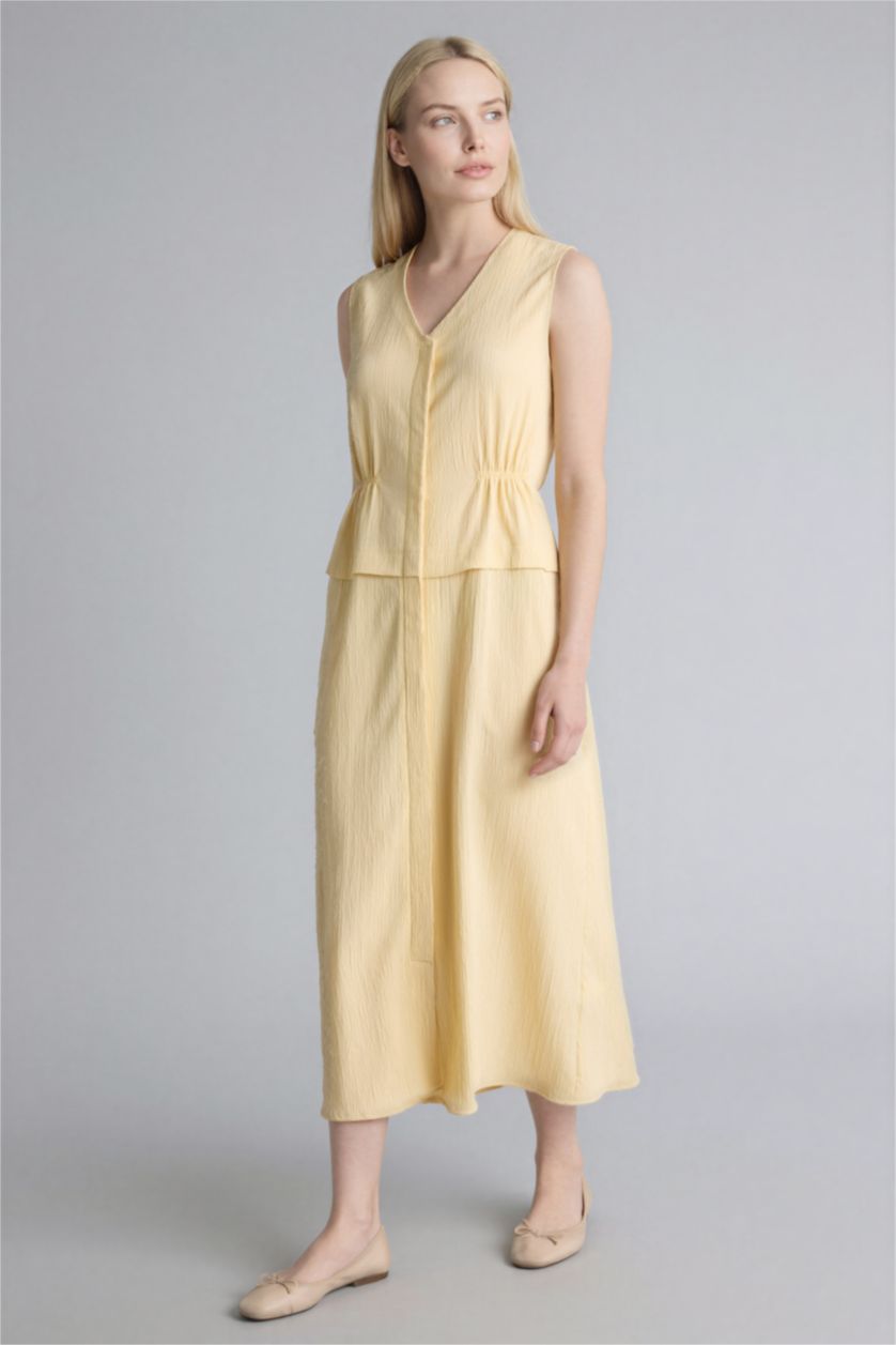 Kadın Sarı V Yaka Gofre Dokulu Kolsuz Elbise