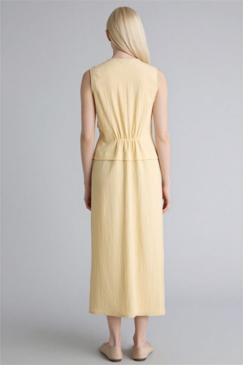 Kadın Sarı V Yaka Gofre Dokulu Kolsuz Elbise