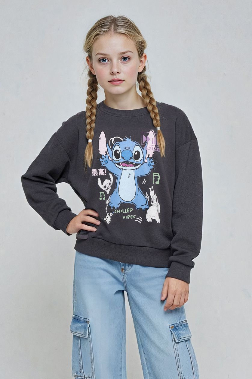 Kız Çocuk - Genç Kız Antrasit Disney Lilo & Stitch Relax Fit Bisiklet Yaka Sweatshirt Kız Çocuk