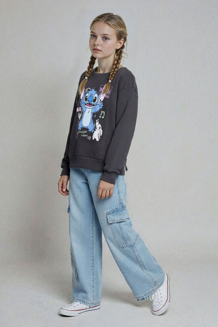 Kız Çocuk - Genç Kız Antrasit Disney Lilo & Stitch Relax Fit Bisiklet Yaka Sweatshirt Kız Çocuk