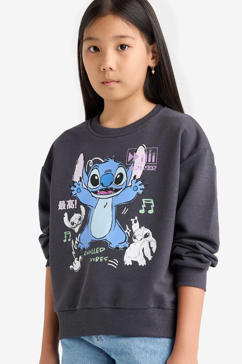 Kız Çocuk - Genç Kız Antrasit Disney Lilo & Stitch Relax Fit Bisiklet Yaka Sweatshirt Kız Çocuk