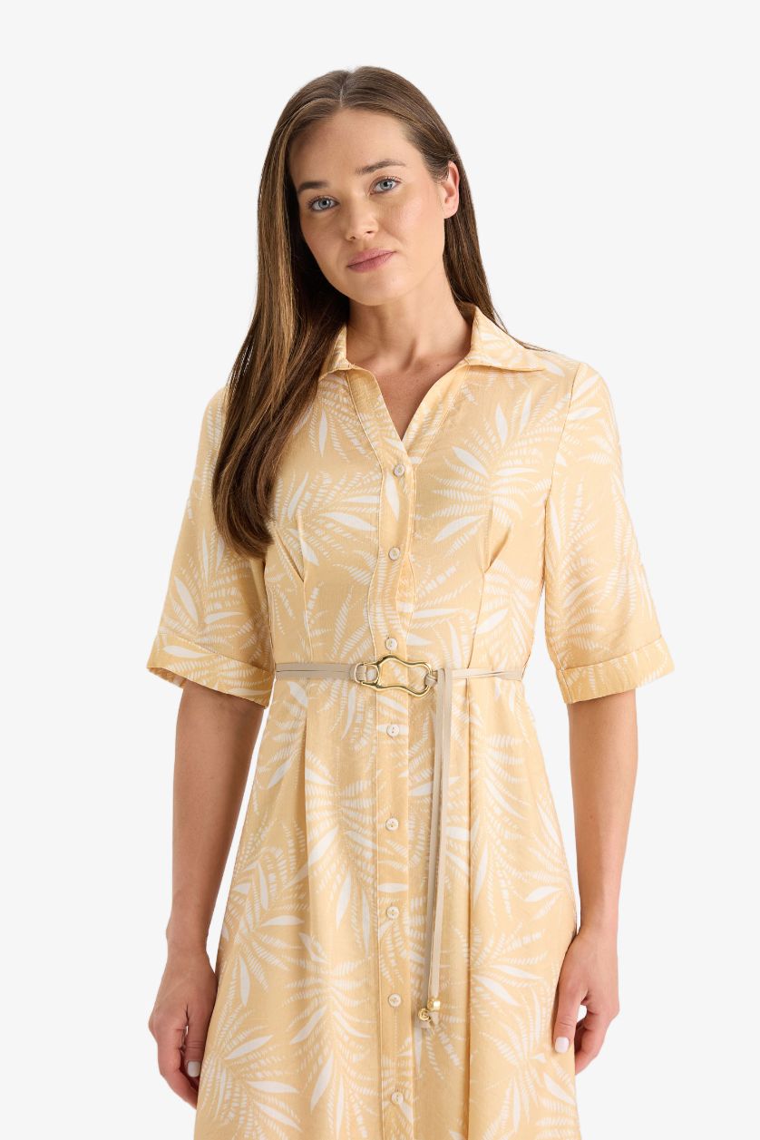 Kadın Kum Gömlek Yaka Desenli Bağcıklı Kısa Kollu Midi Elbise