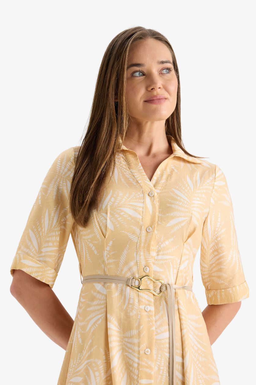 Kadın Kum Gömlek Yaka Desenli Bağcıklı Kısa Kollu Midi Elbise
