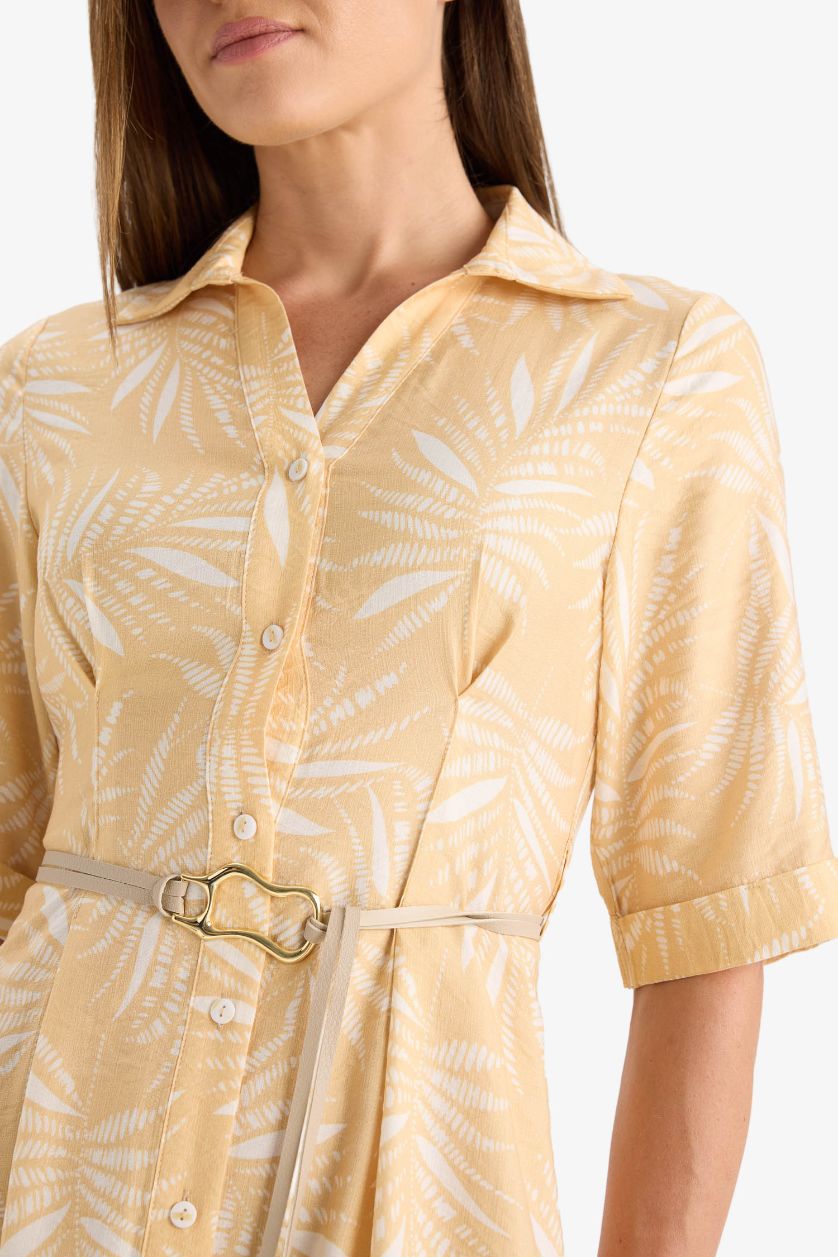 Kadın Kum Gömlek Yaka Desenli Bağcıklı Kısa Kollu Midi Elbise