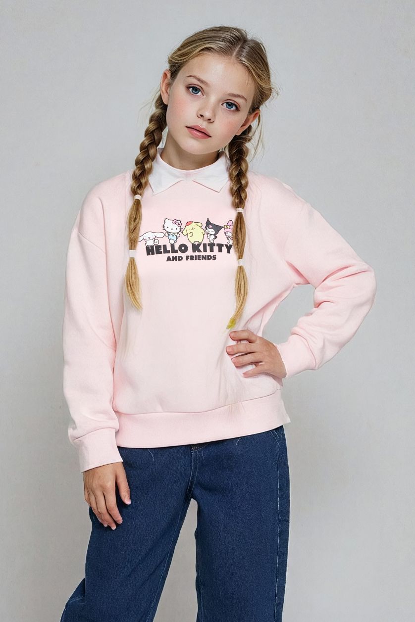 GIRLS & TEENS Light Pink Girl Hello Kitty Oversize Fit Polo Neck Sweatshirt