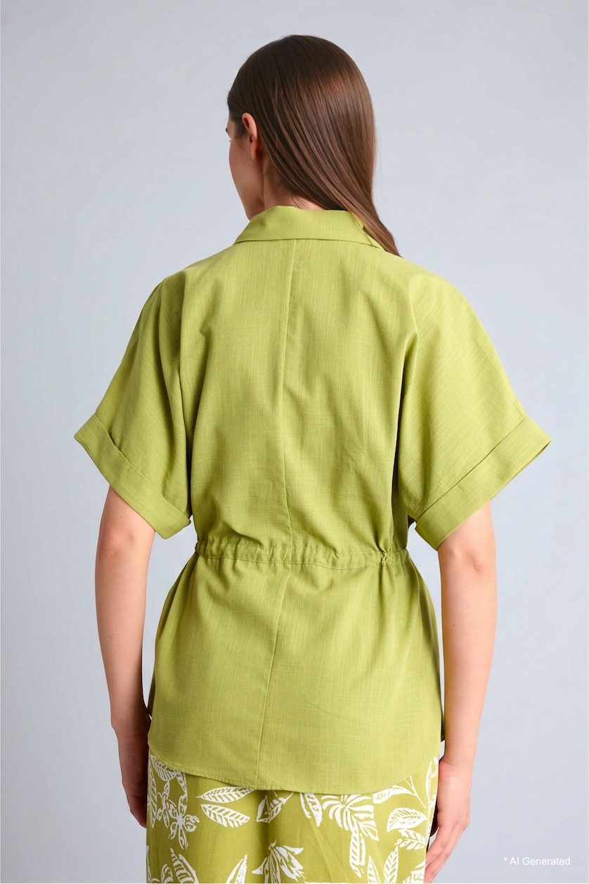 Women Green Regular Fit Shirt Collar Short Sleeve Shirt