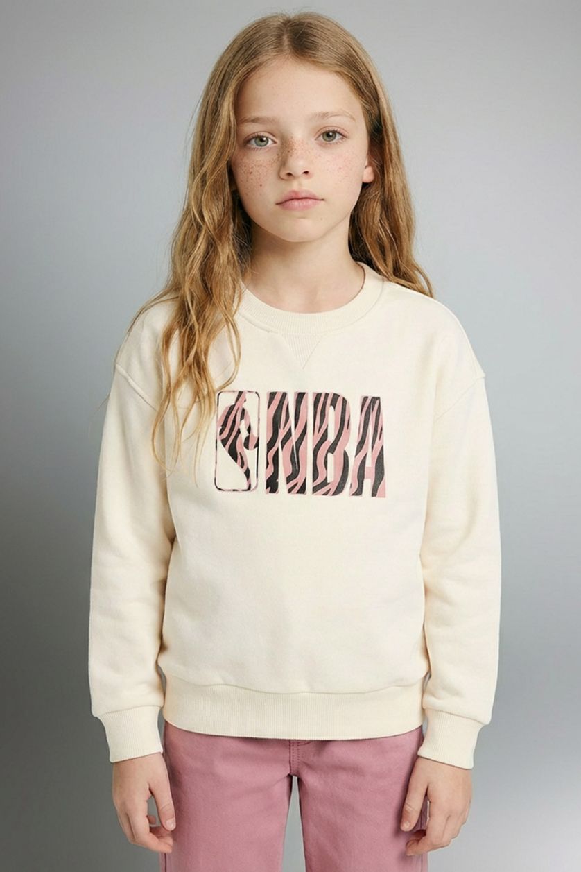 Kız Çocuk - Genç Kız Ekru NBA Oversize Geniş Kalıp Bisiklet Yaka Sweatshirt Kız Çocuk