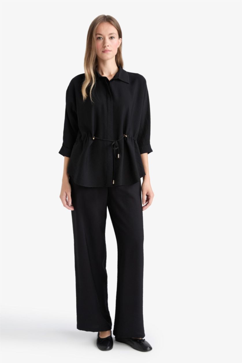 Woman Black Straight Wide Leg Pocket Detailed Trousers