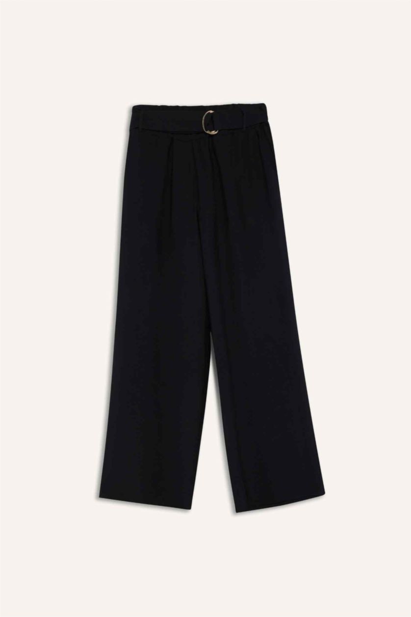 Woman Black Straight Wide Leg Pocket Detailed Trousers
