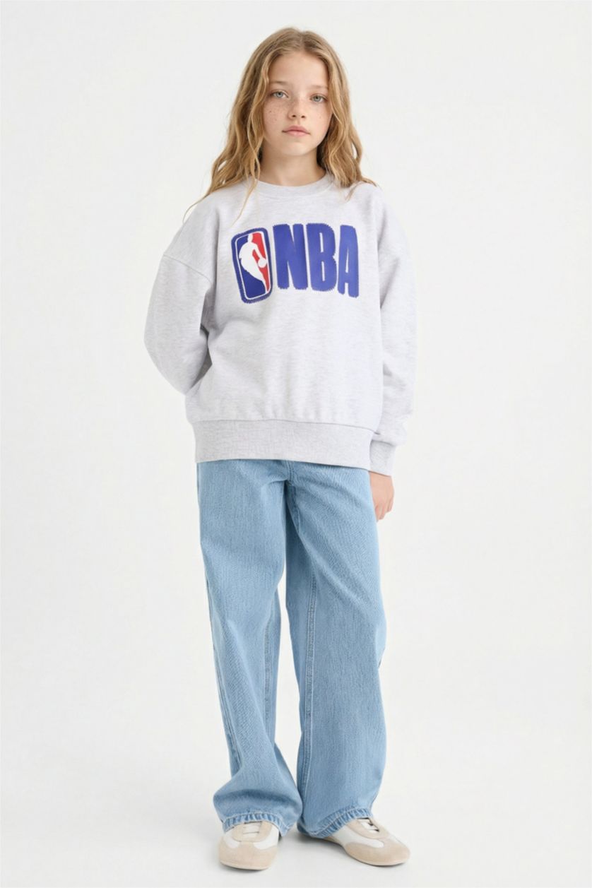 Kız Çocuk - Genç Kız Optik Gri Melanj NBA Oversize Geniş Kalıp Bisiklet Yaka Sweatshirt Kız Çocuk