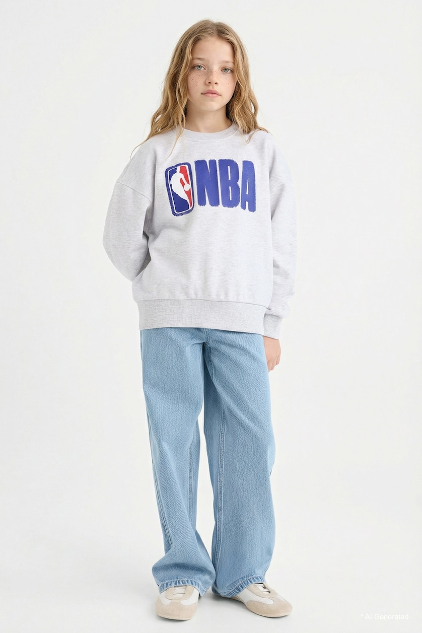 Kız Çocuk - Genç Kız Optik Gri Melanj NBA Oversize Geniş Kalıp Bisiklet Yaka Sweatshirt Kız Çocuk