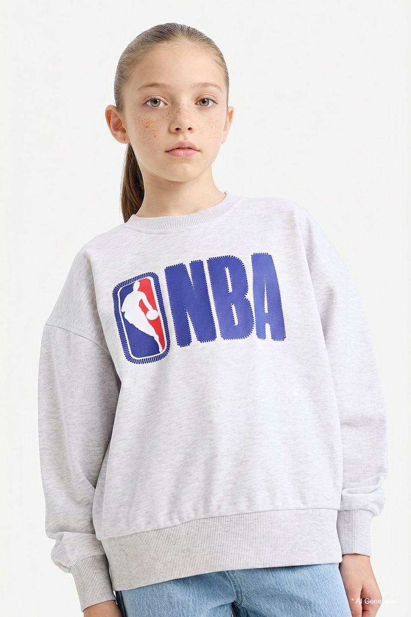 Kız Çocuk - Genç Kız Optik Gri Melanj NBA Oversize Geniş Kalıp Bisiklet Yaka Sweatshirt Kız Çocuk
