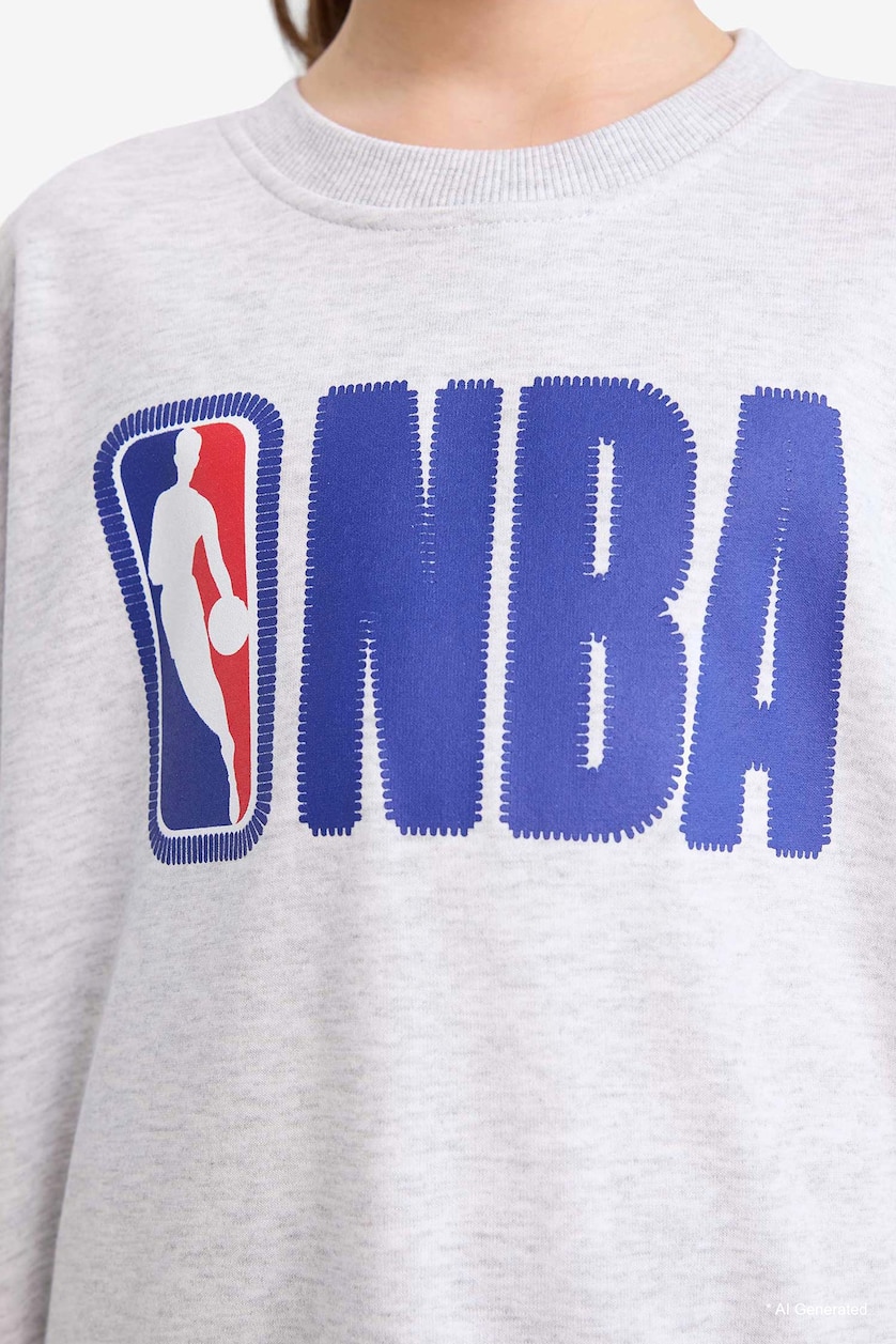 Kız Çocuk - Genç Kız Optik Gri Melanj NBA Oversize Geniş Kalıp Bisiklet Yaka Sweatshirt Kız Çocuk