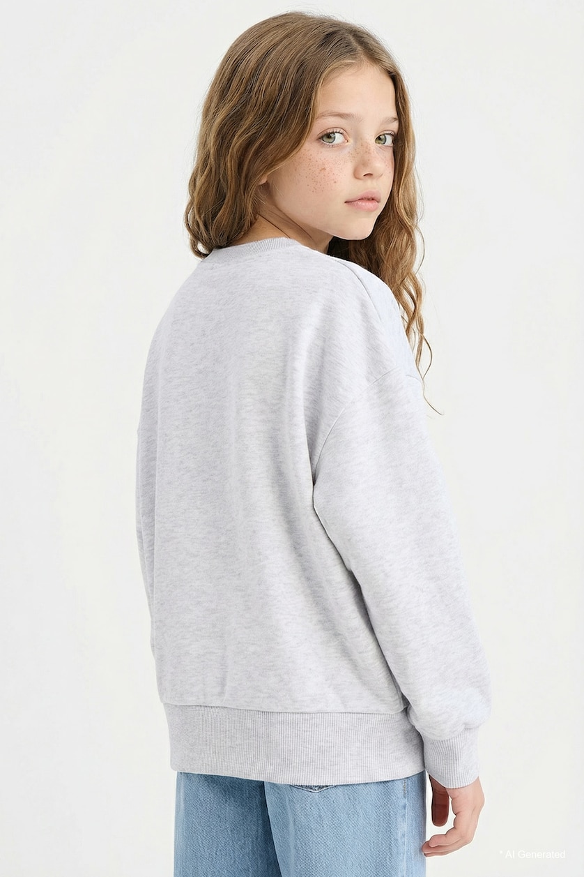 Kız Çocuk - Genç Kız Optik Gri Melanj NBA Oversize Geniş Kalıp Bisiklet Yaka Sweatshirt Kız Çocuk