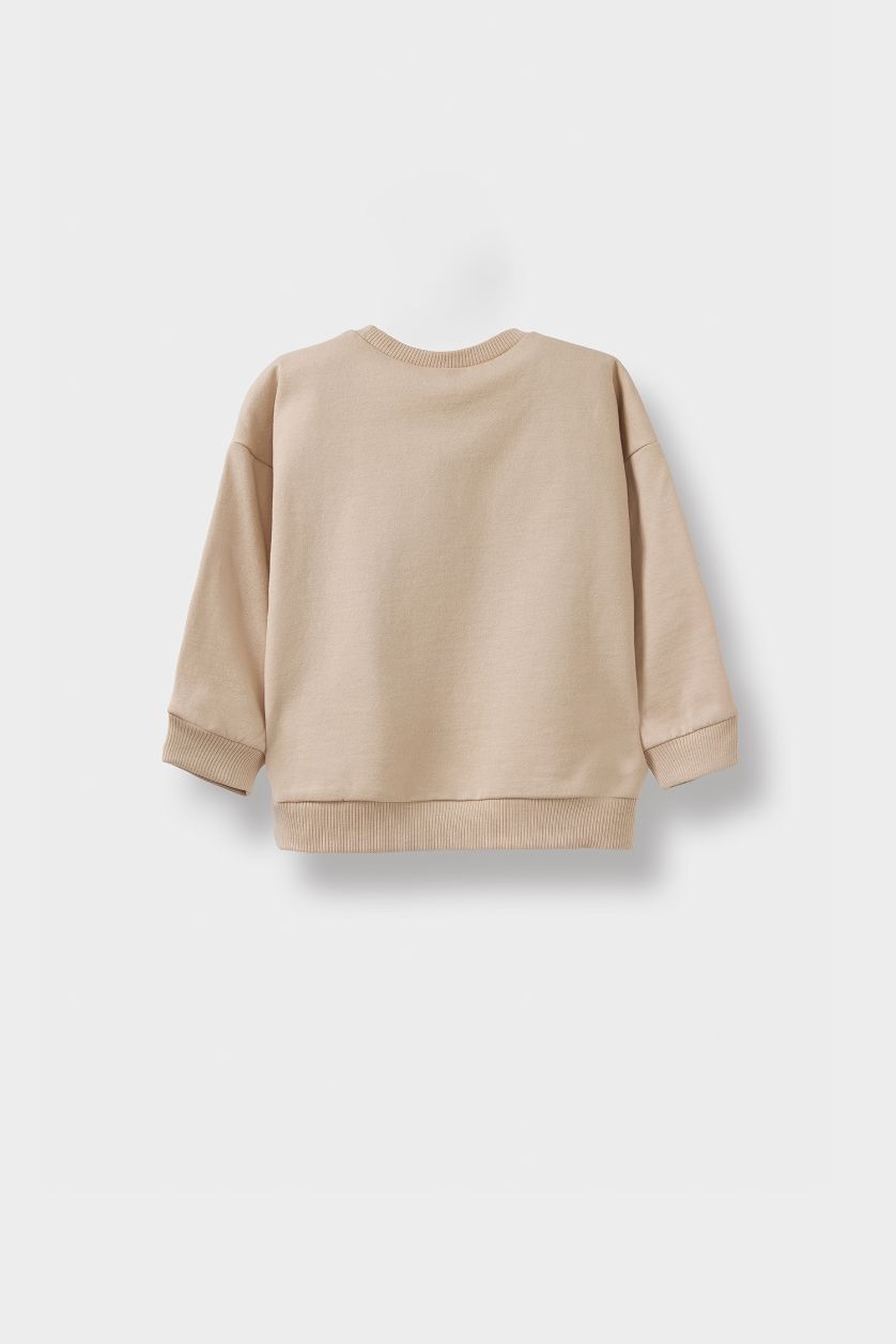 Erkek Bebek Bej Bisiklet Yaka Baskılı İçi Yumuşak Tüylü 2'li Sweatshirt Erkek Bebek