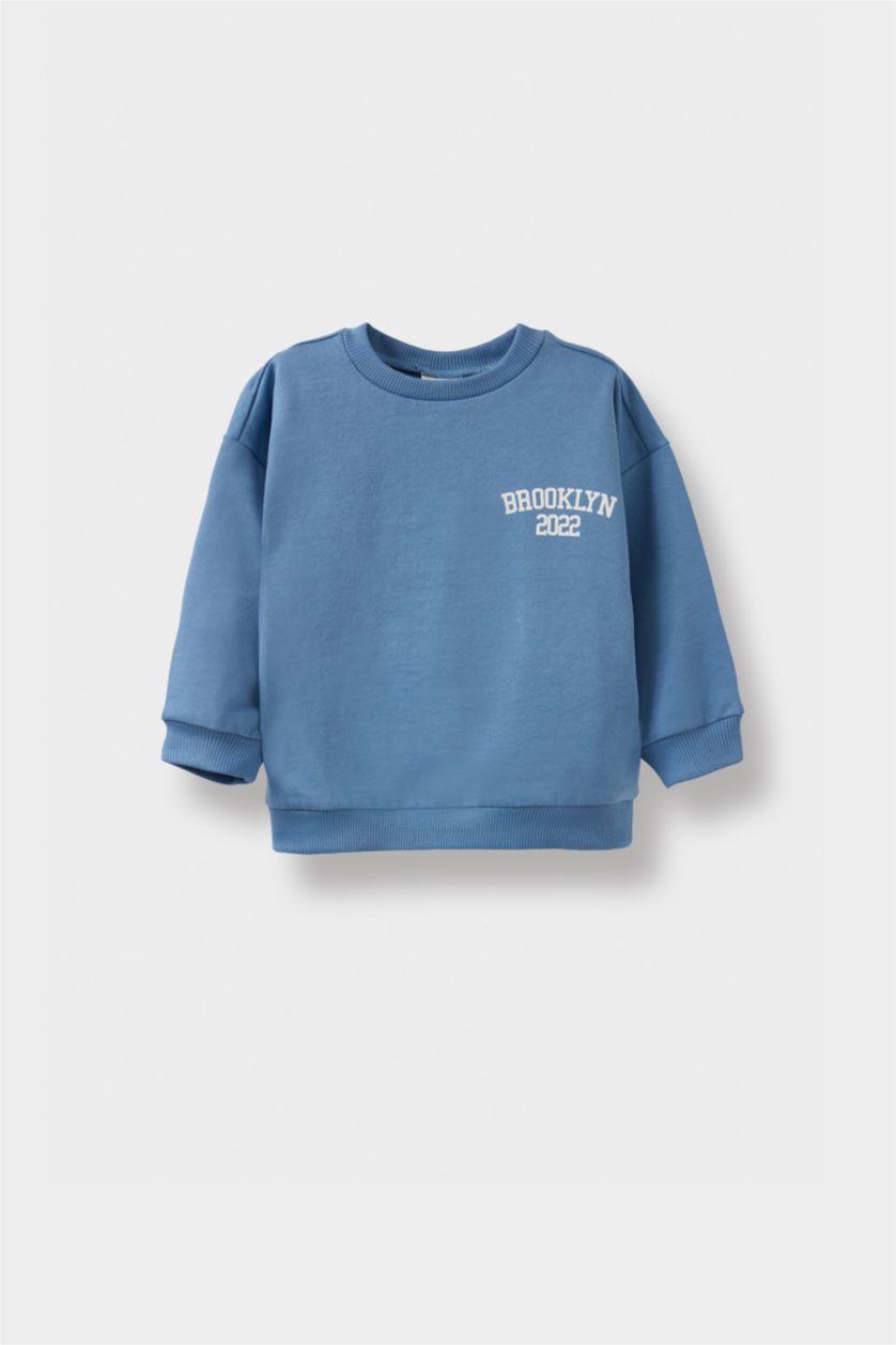 Erkek Bebek Bej Bisiklet Yaka Baskılı İçi Yumuşak Tüylü 2'li Sweatshirt Erkek Bebek