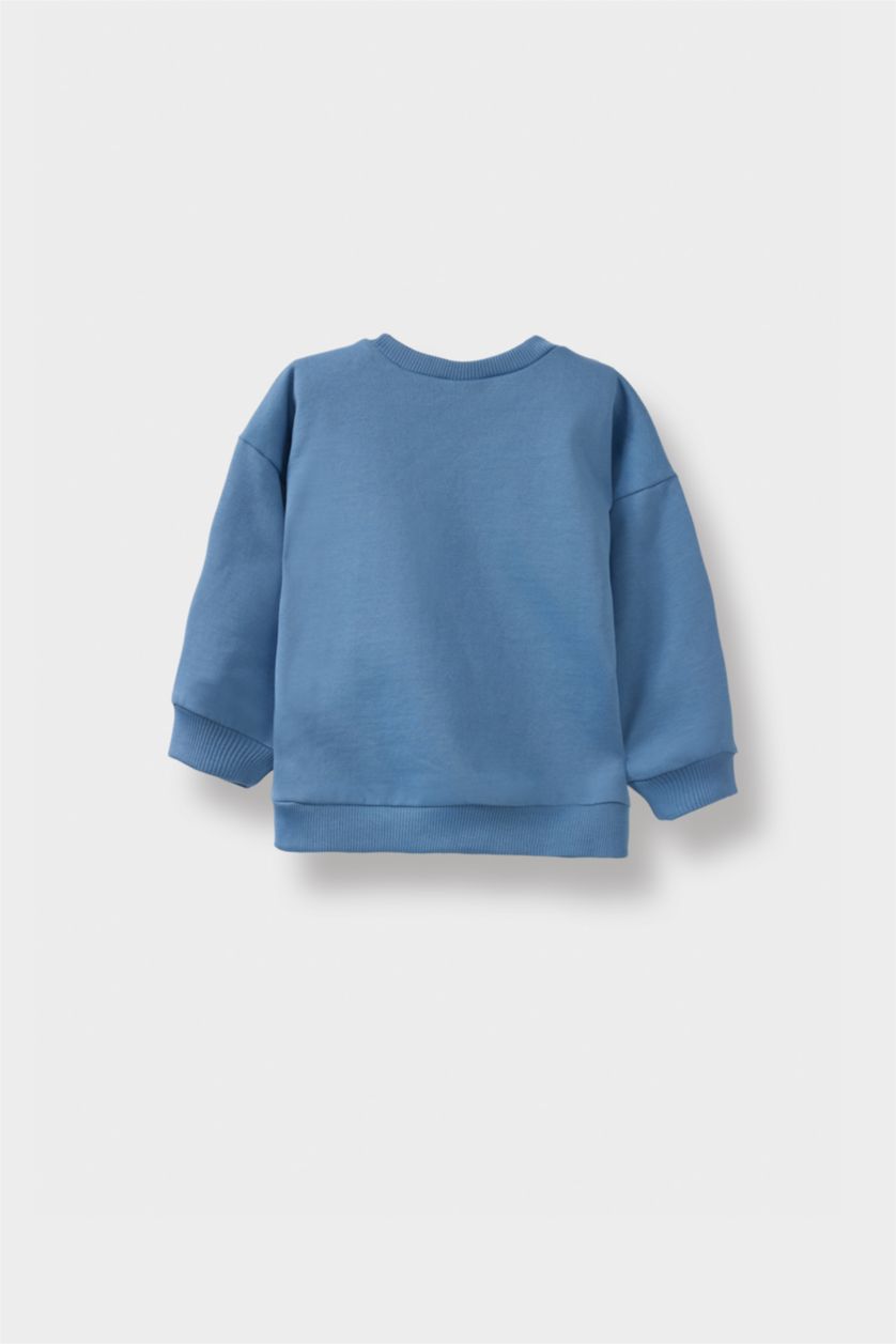 Erkek Bebek Bej Bisiklet Yaka Baskılı İçi Yumuşak Tüylü 2'li Sweatshirt Erkek Bebek