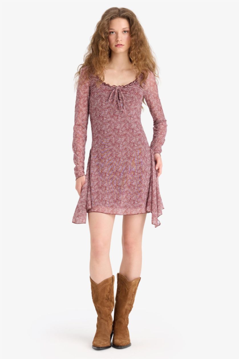 Kadın Bordo V Yaka Çiçekli Tül Uzun Kollu Mini Elbise