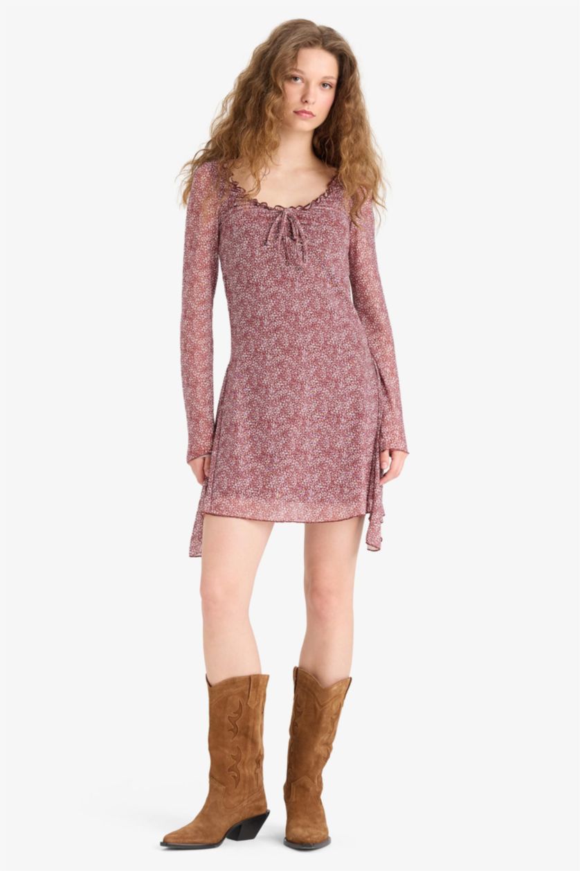 Kadın Bordo V Yaka Çiçekli Tül Uzun Kollu Mini Elbise