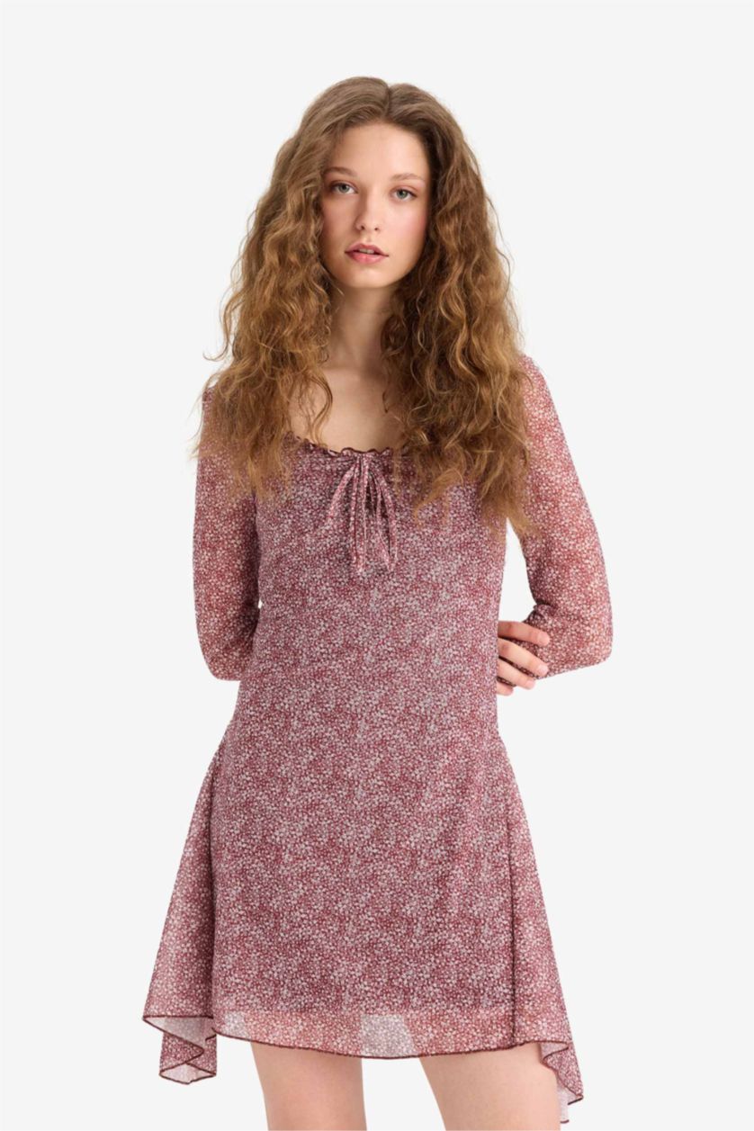 Kadın Bordo V Yaka Çiçekli Tül Uzun Kollu Mini Elbise