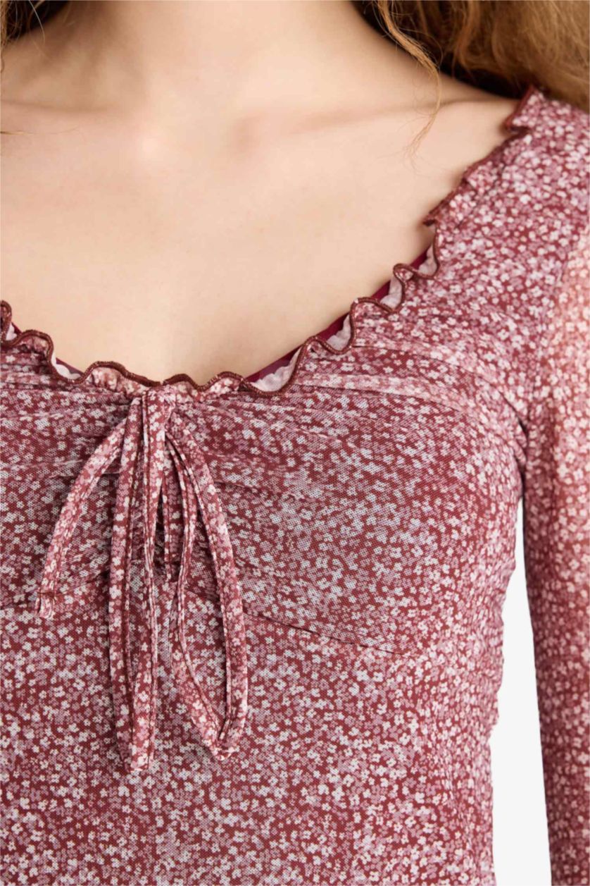 Kadın Bordo V Yaka Çiçekli Tül Uzun Kollu Mini Elbise