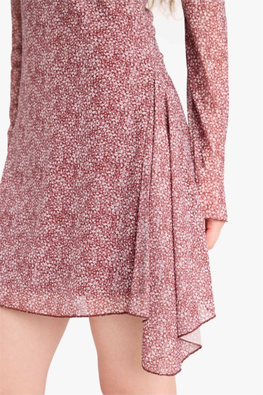 Kadın Bordo V Yaka Çiçekli Tül Uzun Kollu Mini Elbise