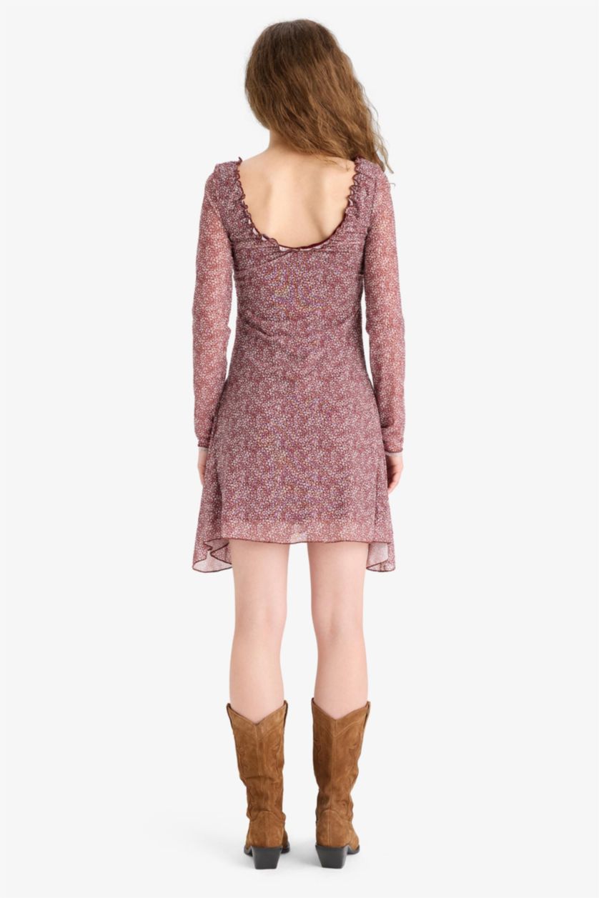 Kadın Bordo V Yaka Çiçekli Tül Uzun Kollu Mini Elbise