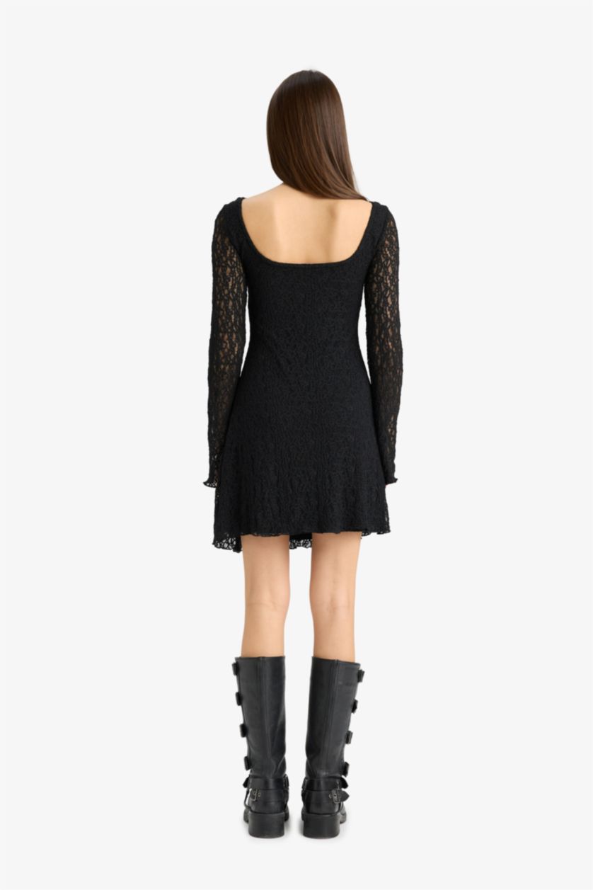 Kadın Siyah V Yaka Dantel Uzun Kollu Mini Elbise