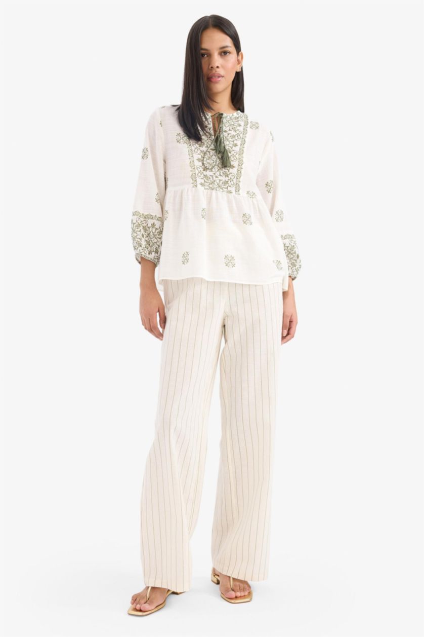 Kadın Ekru Regular Fıt Pamuklu Uzun Kollu Bluz