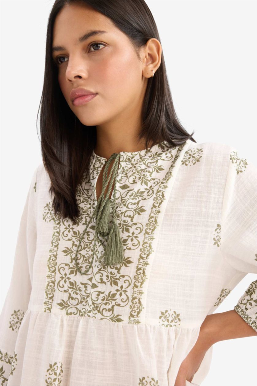 Kadın Ekru Regular Fıt Pamuklu Uzun Kollu Bluz