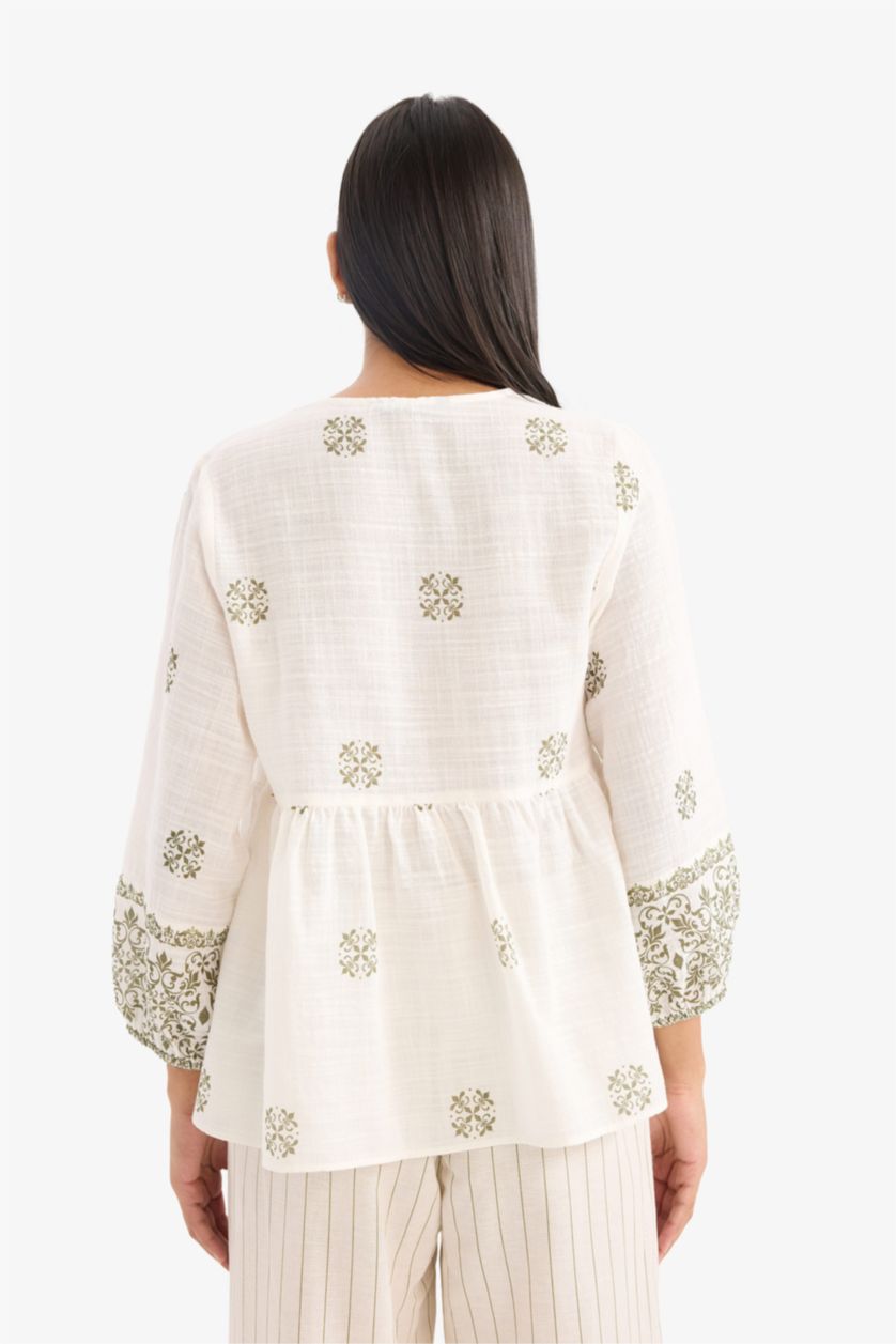 Kadın Ekru Regular Fıt Pamuklu Uzun Kollu Bluz