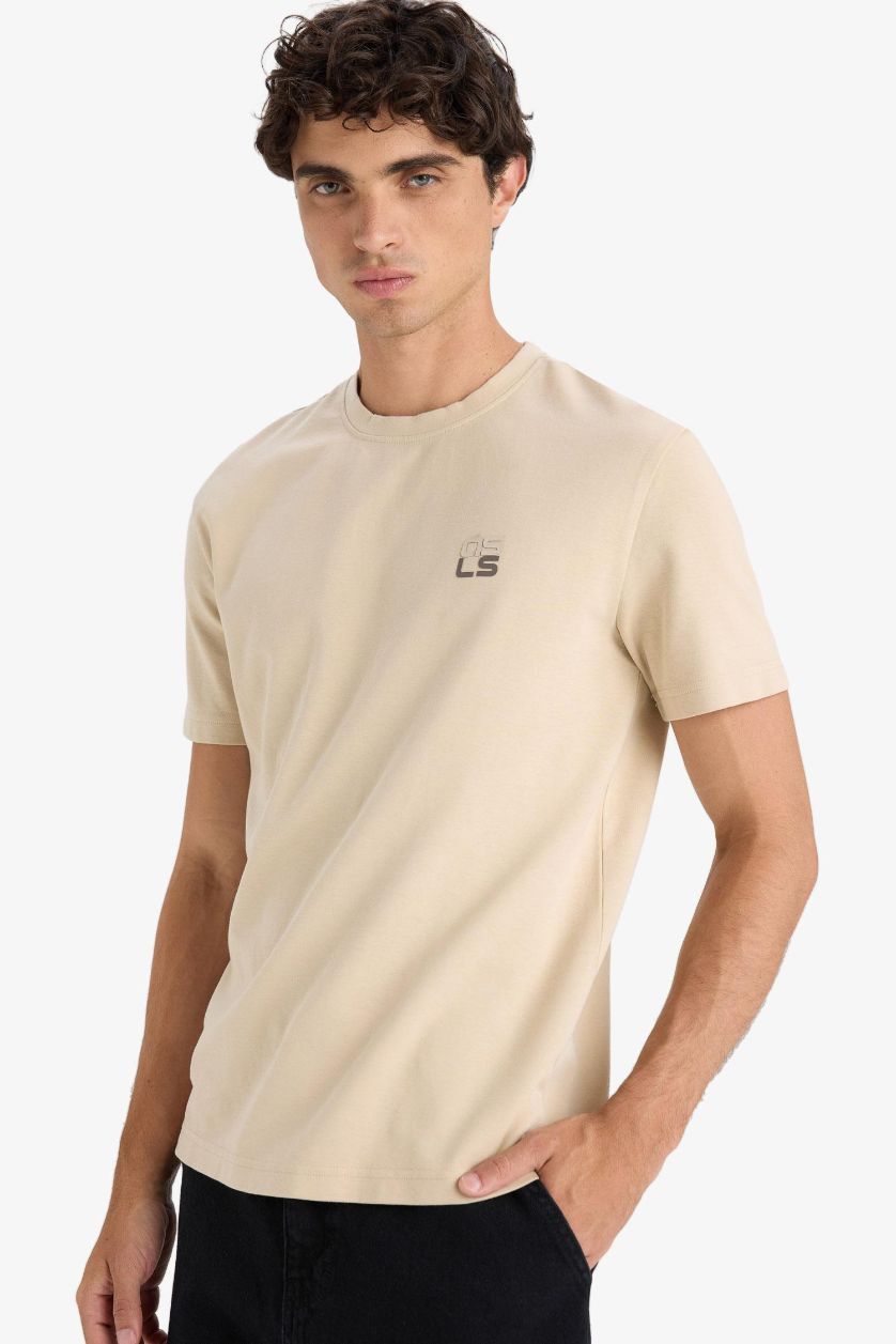 Erkek Bej Nefes Alabilen Baskılı Tişört