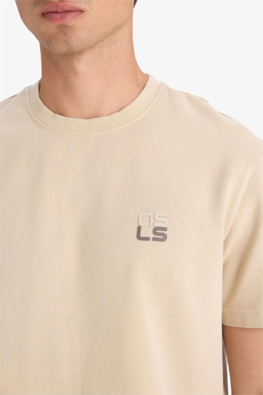 MAN Beige Regular Fit Crew Neck Slogan Pattern Short Sleeve T-Shirt