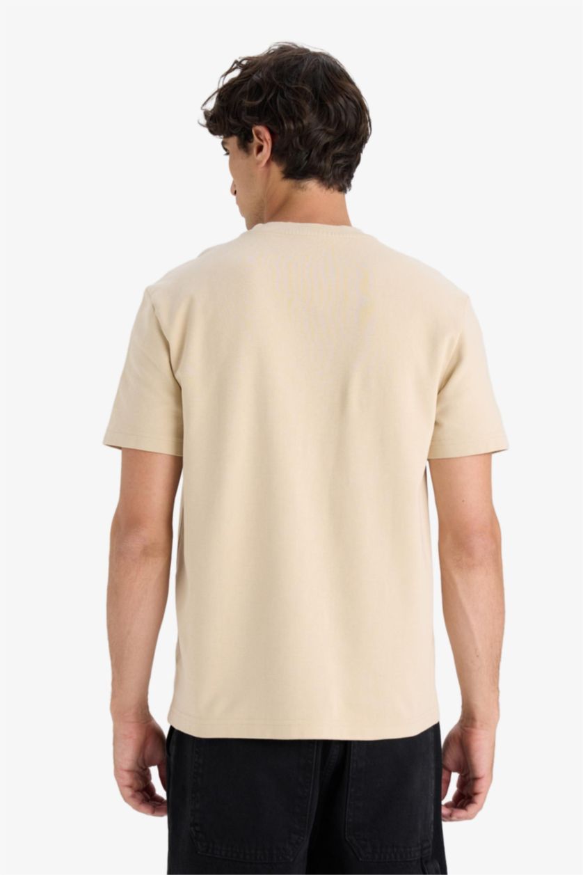 MAN Beige Regular Fit Crew Neck Slogan Pattern Short Sleeve T-Shirt