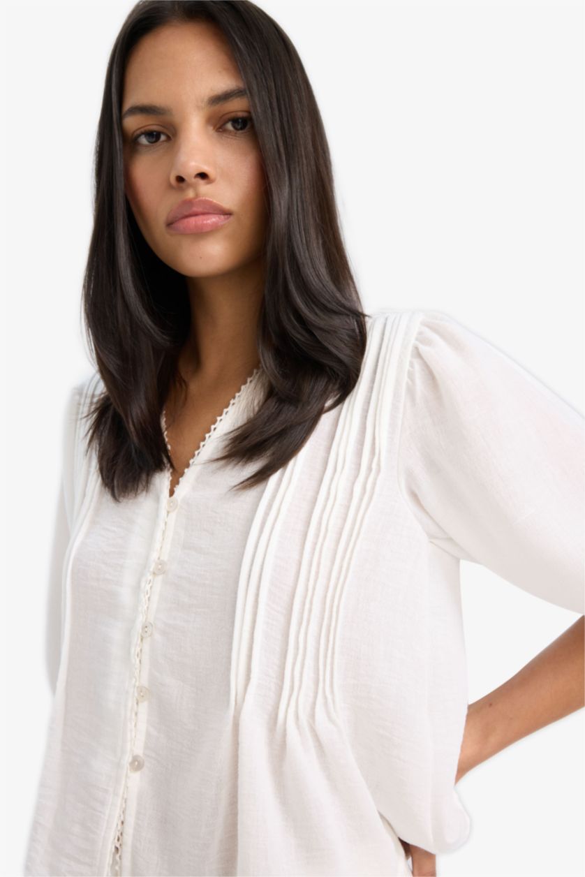 Kadın Ekru Relax Fit V Yaka Giperli Keten Görünümlü Kısa Kollu Gömlek