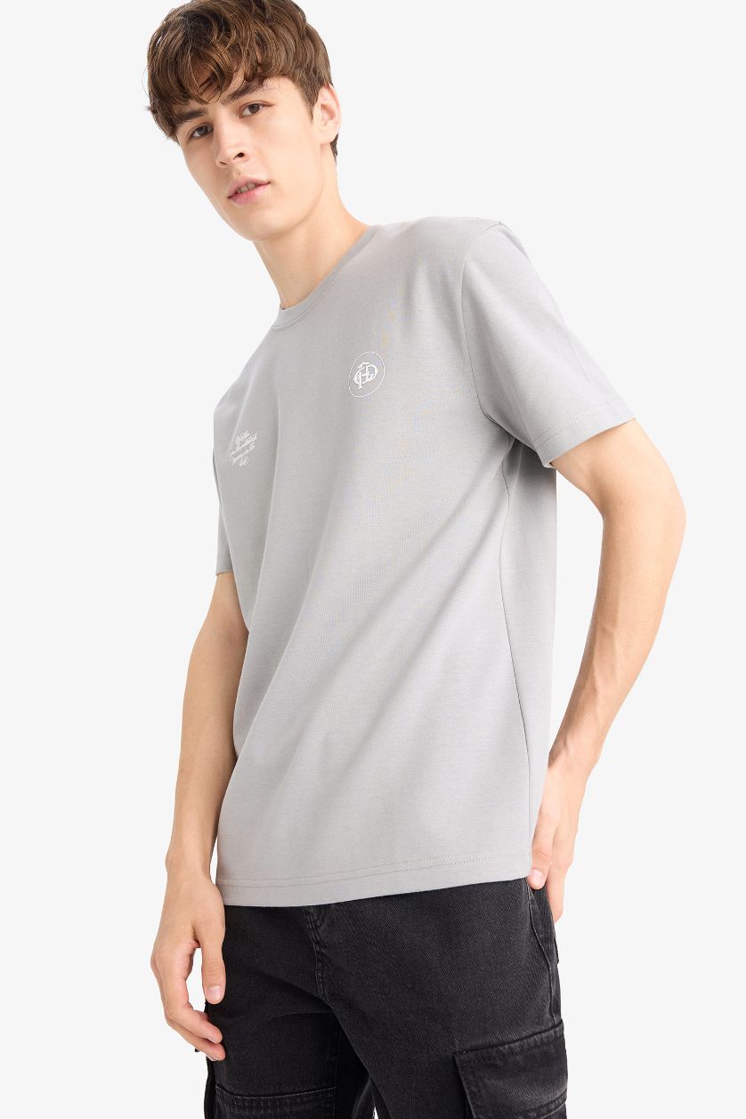 Man Light Grey Regular Fit Crew Neck Printed Short Sleeve T-Shirt