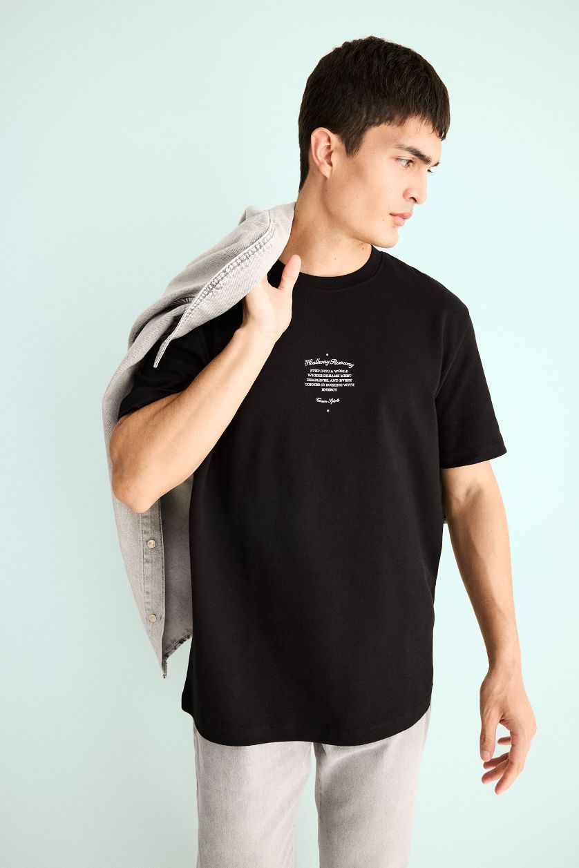 Erkek Siyah Nefes Alabilen Baskılı Tişört